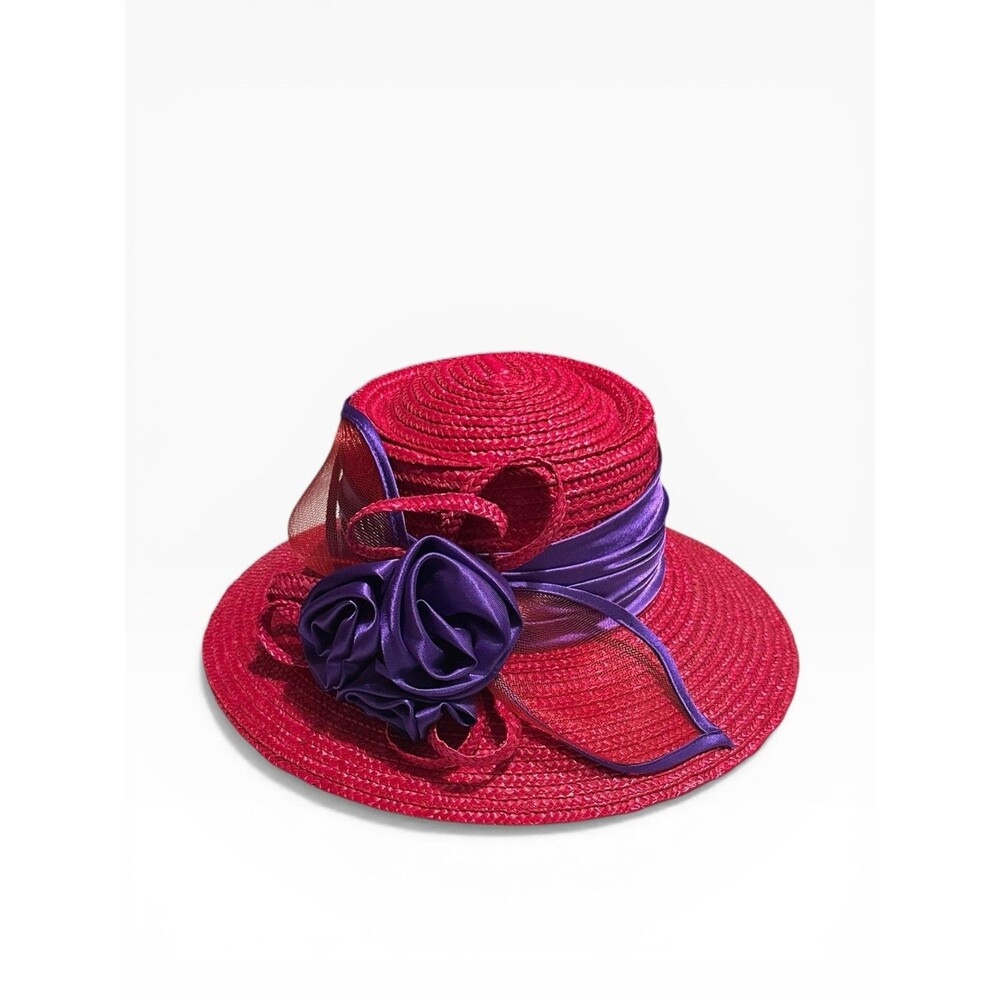 Red Church Hat Raspberry Pink Straw Wide Brim Purple Satin Rose Garden Party
